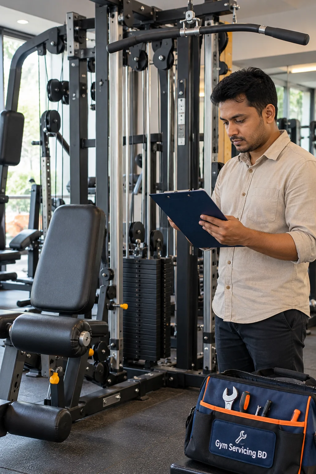 Gym operator reviewing a station-by-station inspection sheet beside a multi-gym and service tool bag