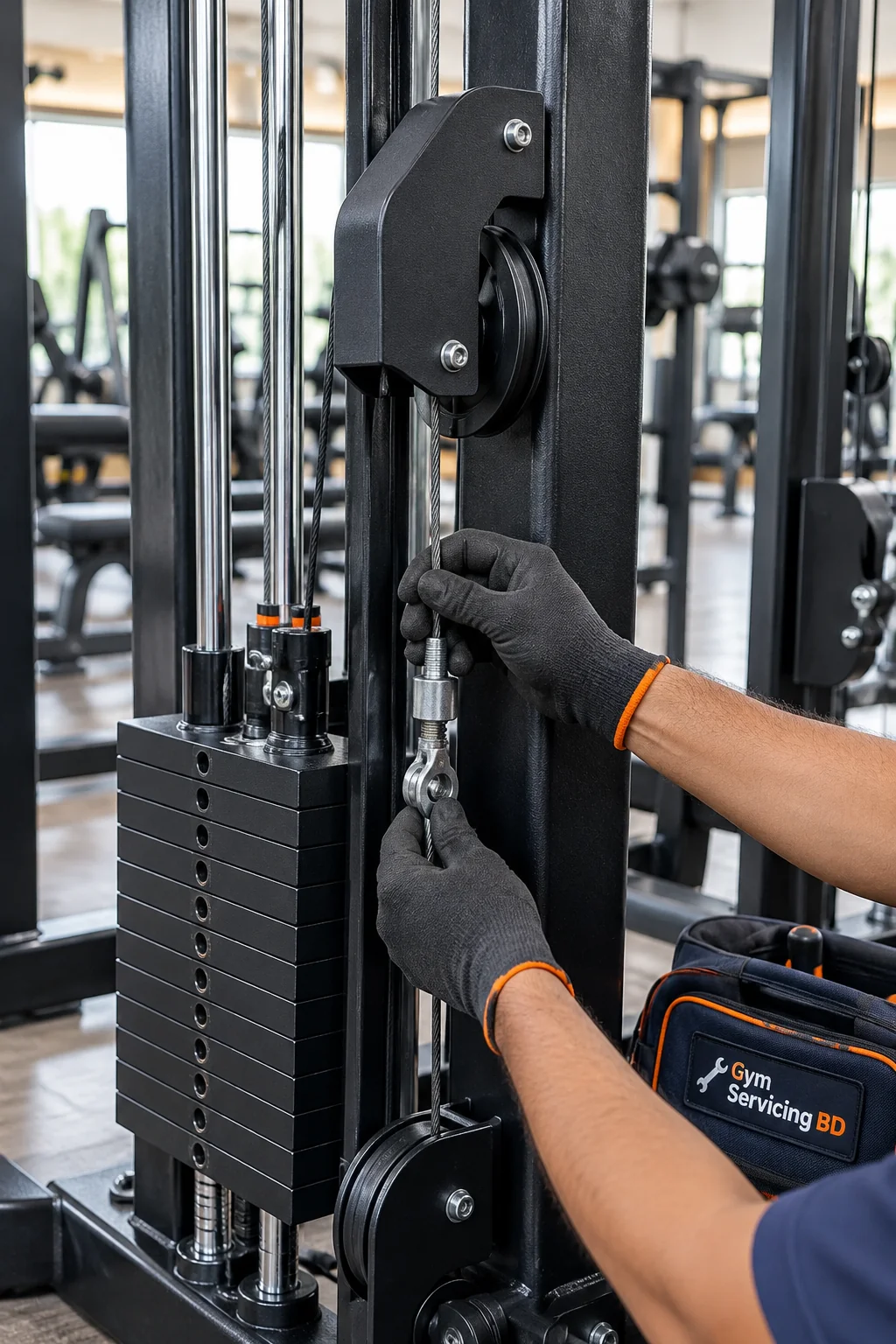 Gloved hands examining a multi-gym cable terminal beside a guarded pulley and a resting weight stack