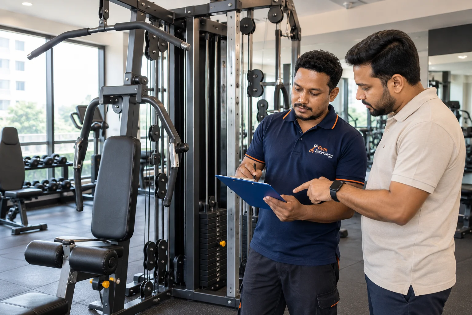 Technician and gym operator discussing a written inspection sheet beside a multi-station machine