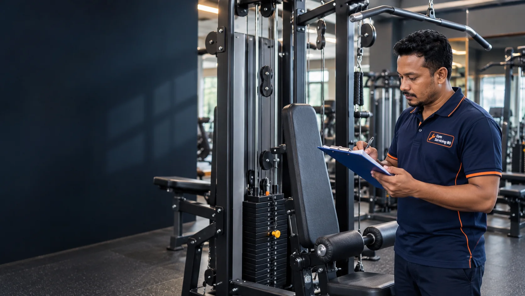 Technician reviewing an inspection sheet beside a stationary multi-station gym with its weight stacks resting
