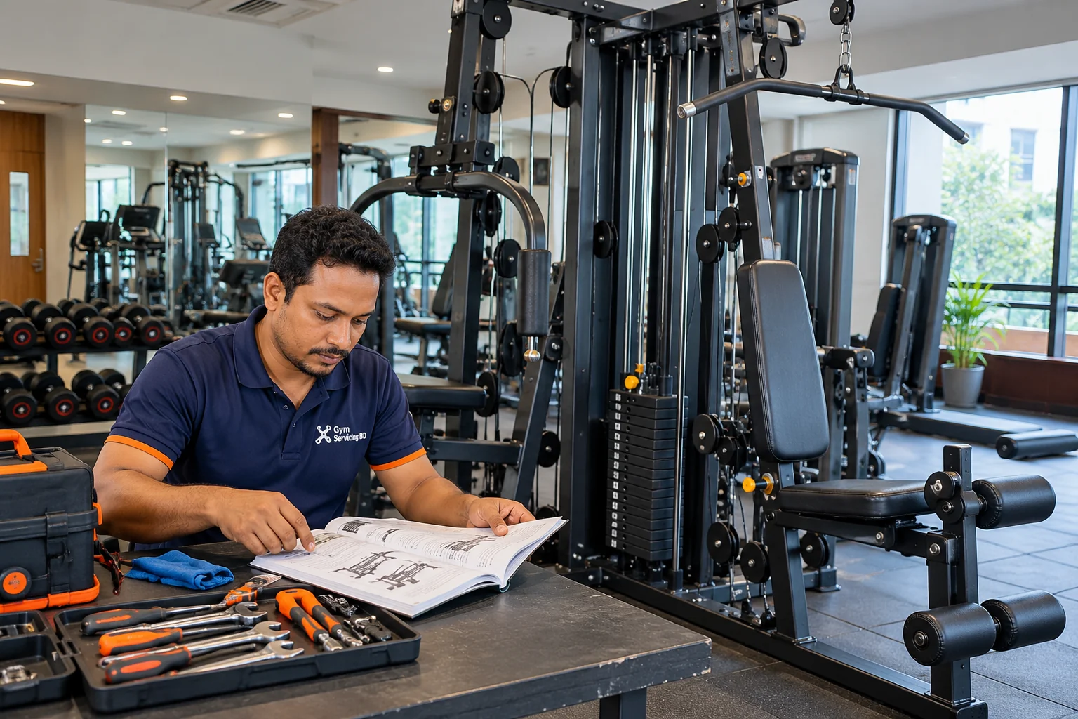Technician studying a strength-machine manual beside laid-out hand tools and an idle multi-gym