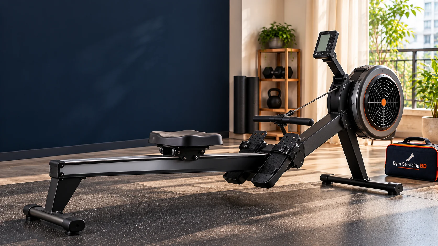 Complete air-style indoor rowing machine with handle, seat rail and fan housing in a bright home exercise room