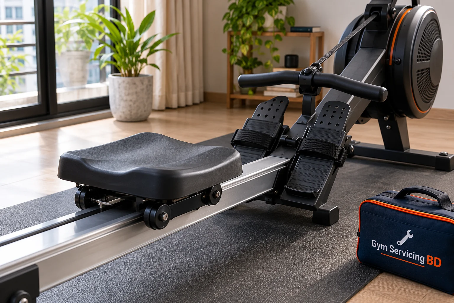 Close view of a rowing machine seat carriage, foot straps and handle in an indoor workout room