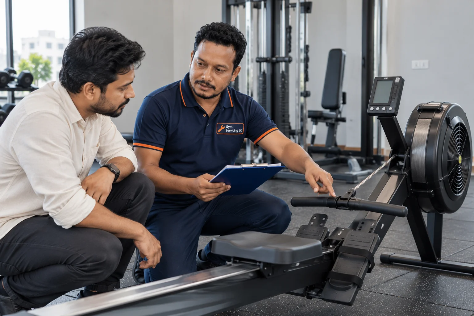 Technician explaining a rowing machine handle and rail issue to an owner while reviewing a blank clipboard
