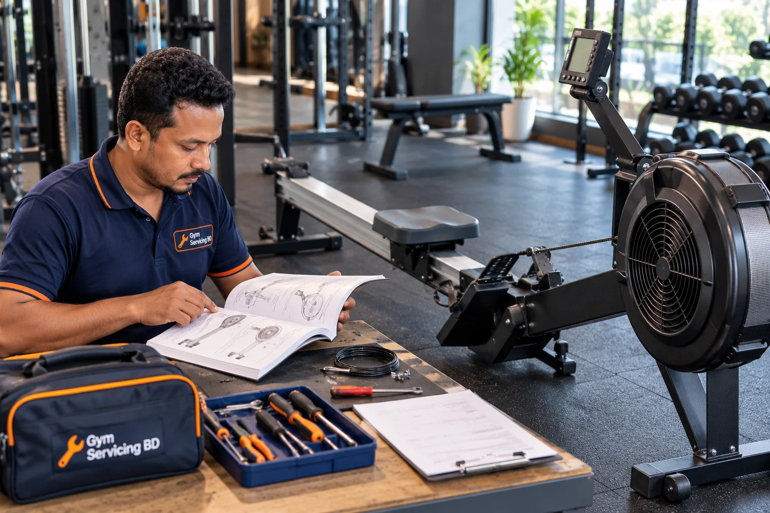 Technician reviewing a rowing machine manual at a workbench with arranged tools and a stationary air rower