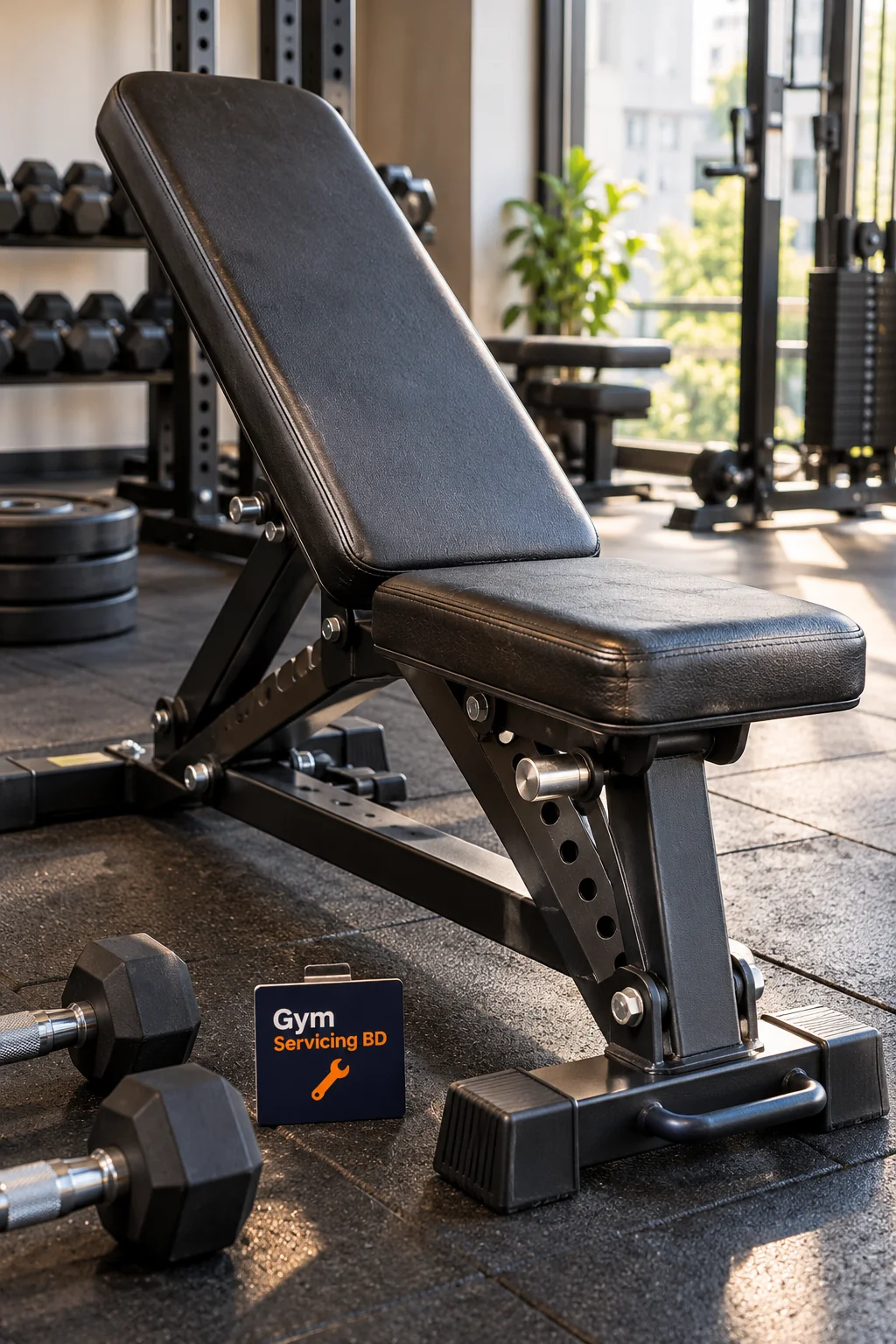 Close view of an adjustable weight bench showing upholstery texture, frame and adjustment points
