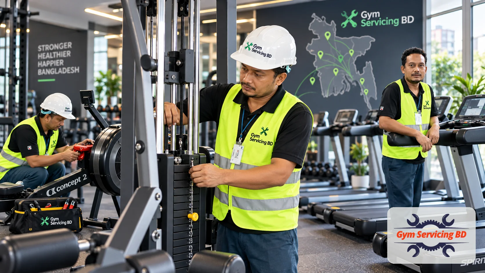 Illustration of gym equipment technicians working near cable and cardio machines
