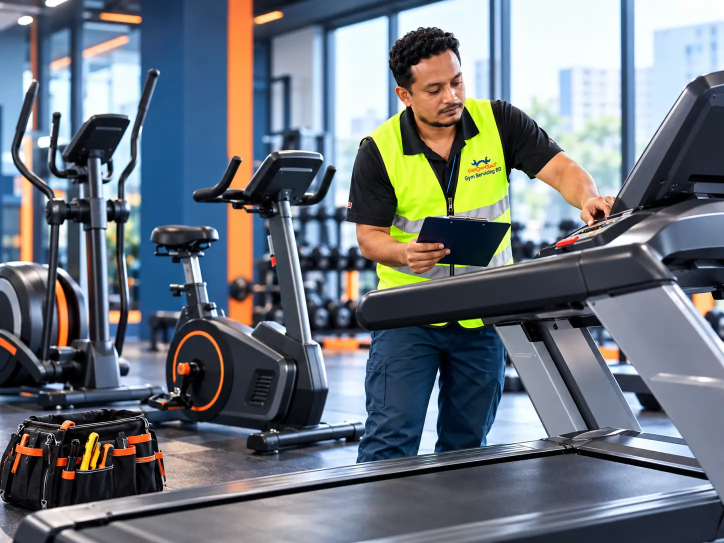 Illustrative technician with a clipboard reviewing a stopped treadmill
