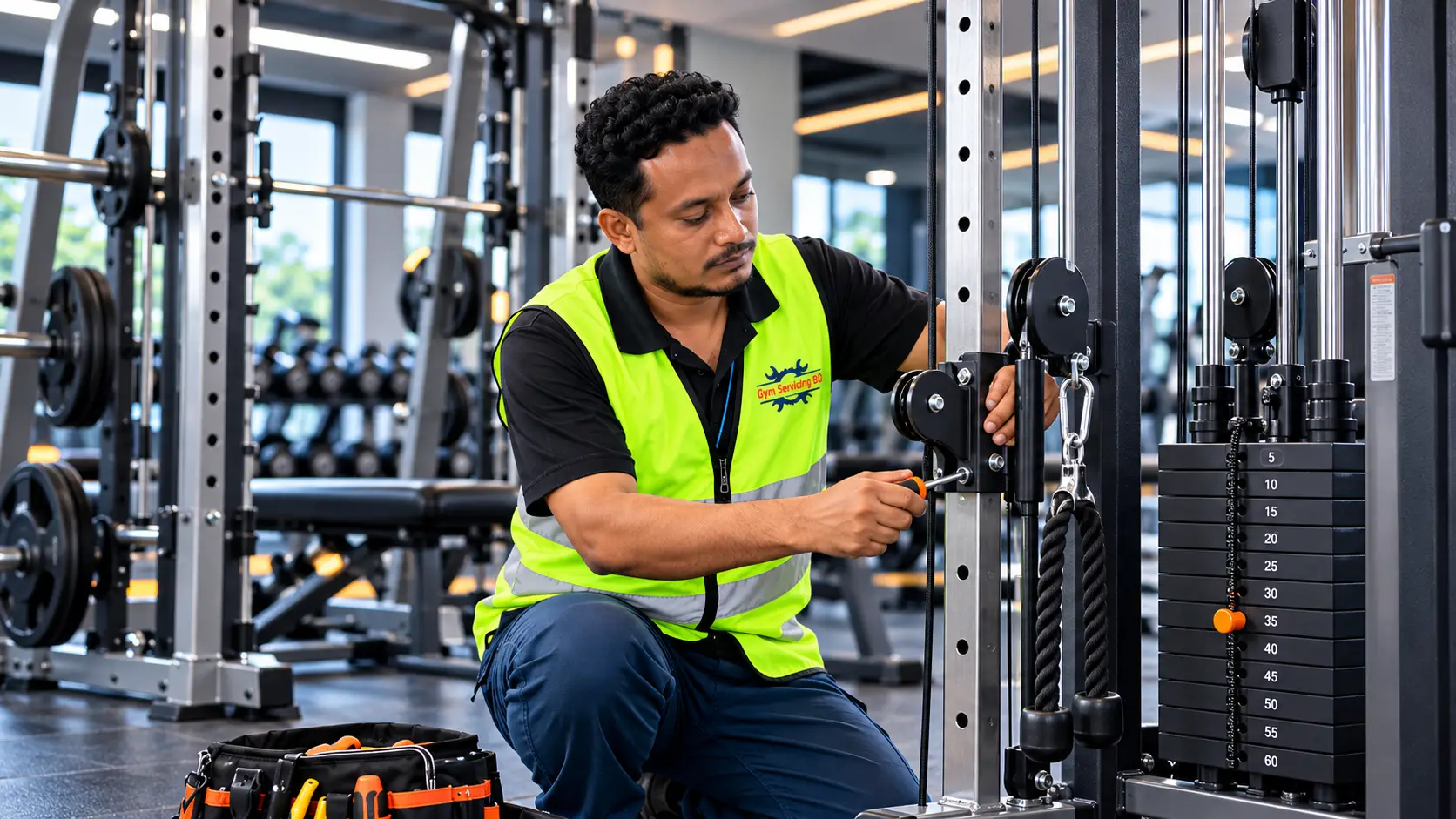Illustrative technician preparing protected frame parts, fasteners and tools for gym equipment setup