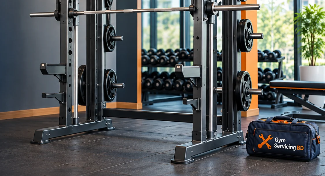 Smith machine frame and floor area with a Gym Servicing BD service bag nearby