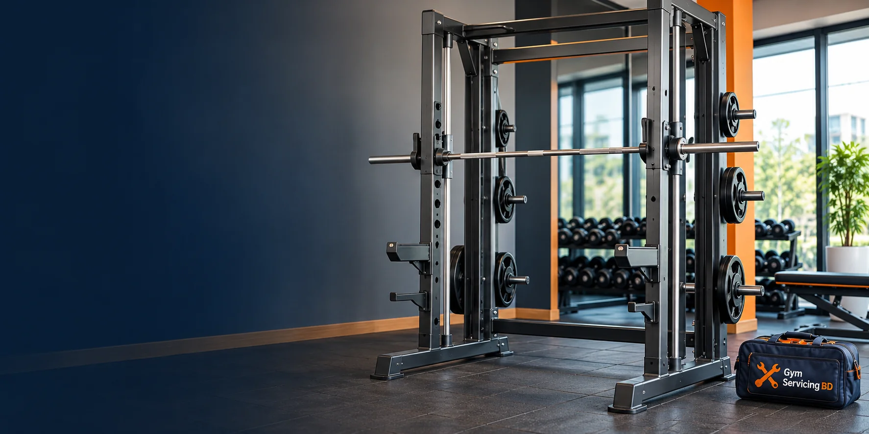 Complete Smith machine with guided bar and safety stops in a bright strength room