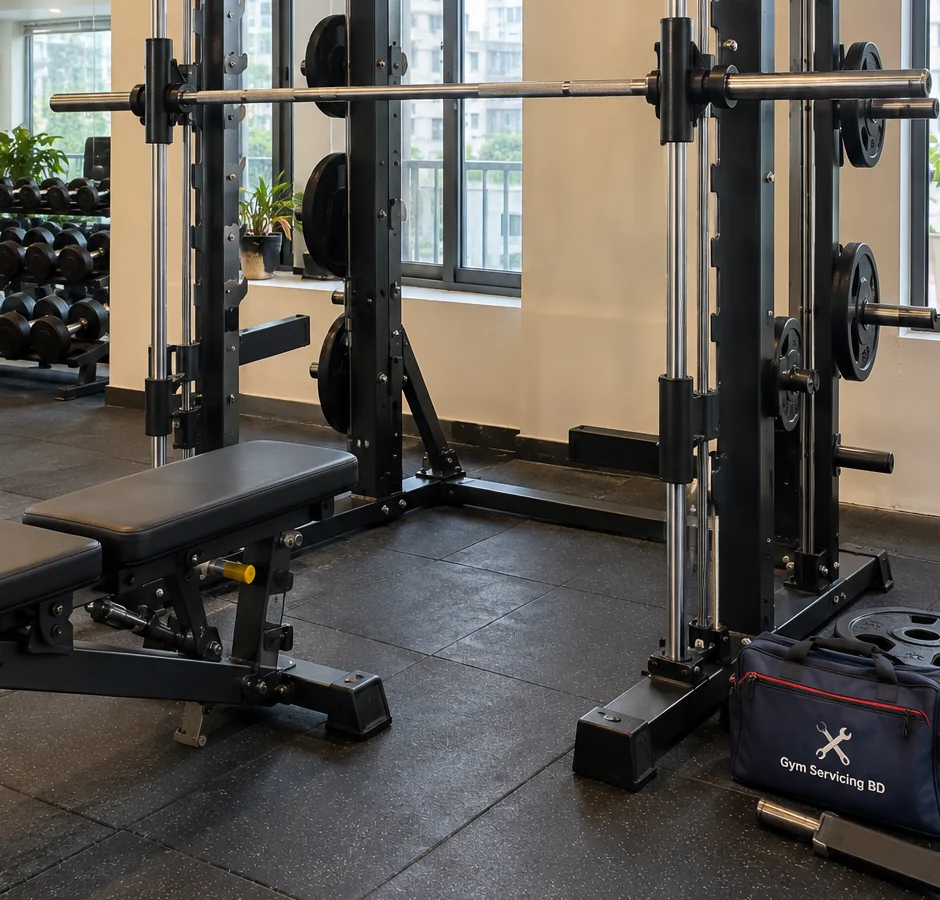 Smith machine guide rails and bar shown closely for model comparison