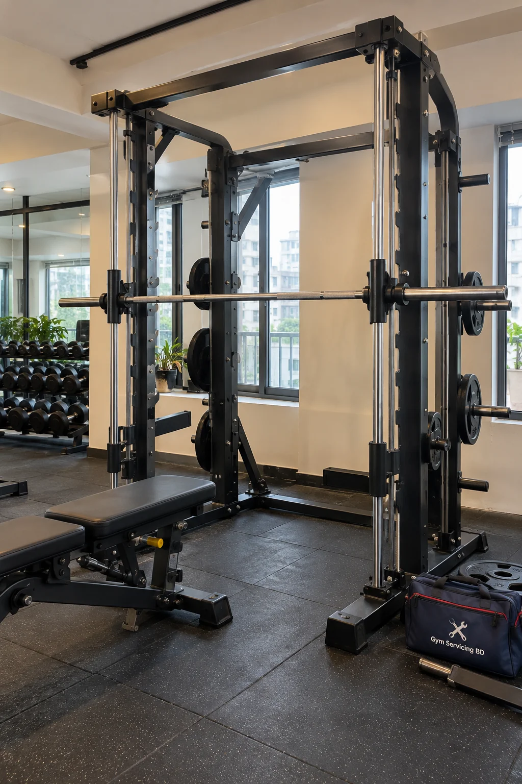Smith machine with bench and surrounding floor space in a gym room