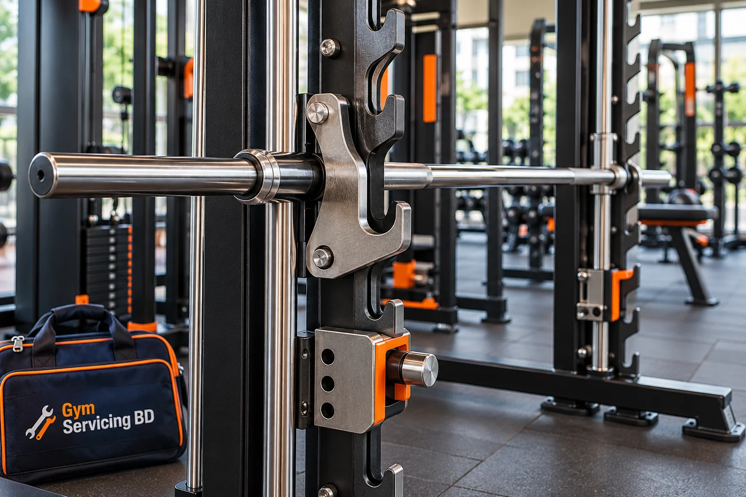 Close view of a Smith machine guided bar and locking hooks beside its frame