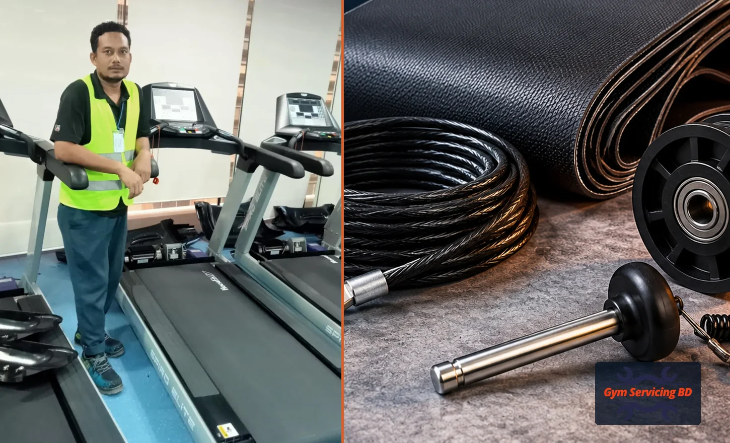 Owner-supplied technician reference photo alongside an illustrative selection of gym machine parts