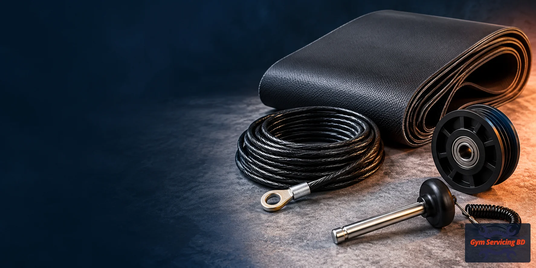 Illustrative selection of a treadmill belt, gym cable, pulley and selector pin on a workbench