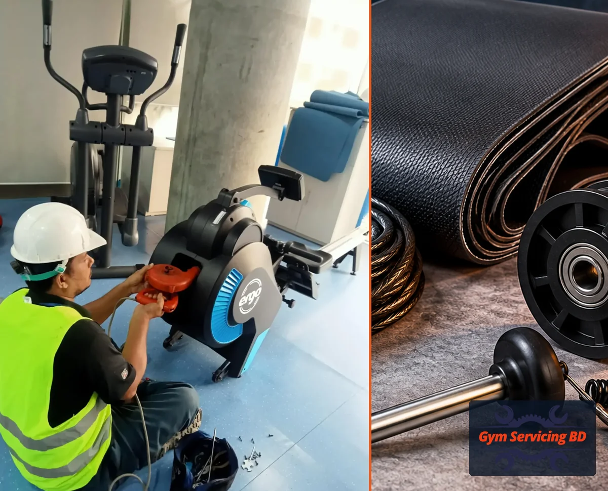 Owner-supplied photo of a technician attending to an exercise bike alongside an illustrative spare-parts still life