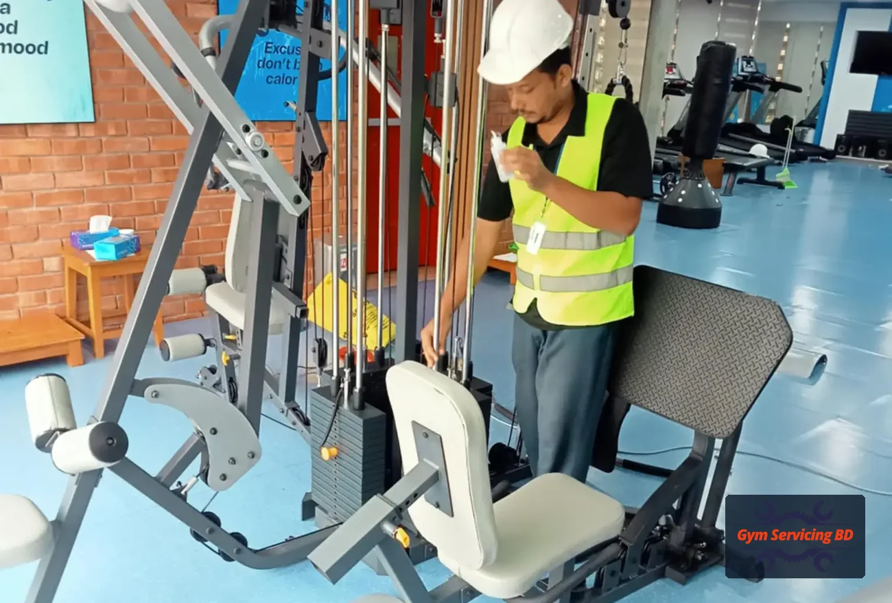 Cable weight machine with pulleys and an unloaded weight stack inside a gym