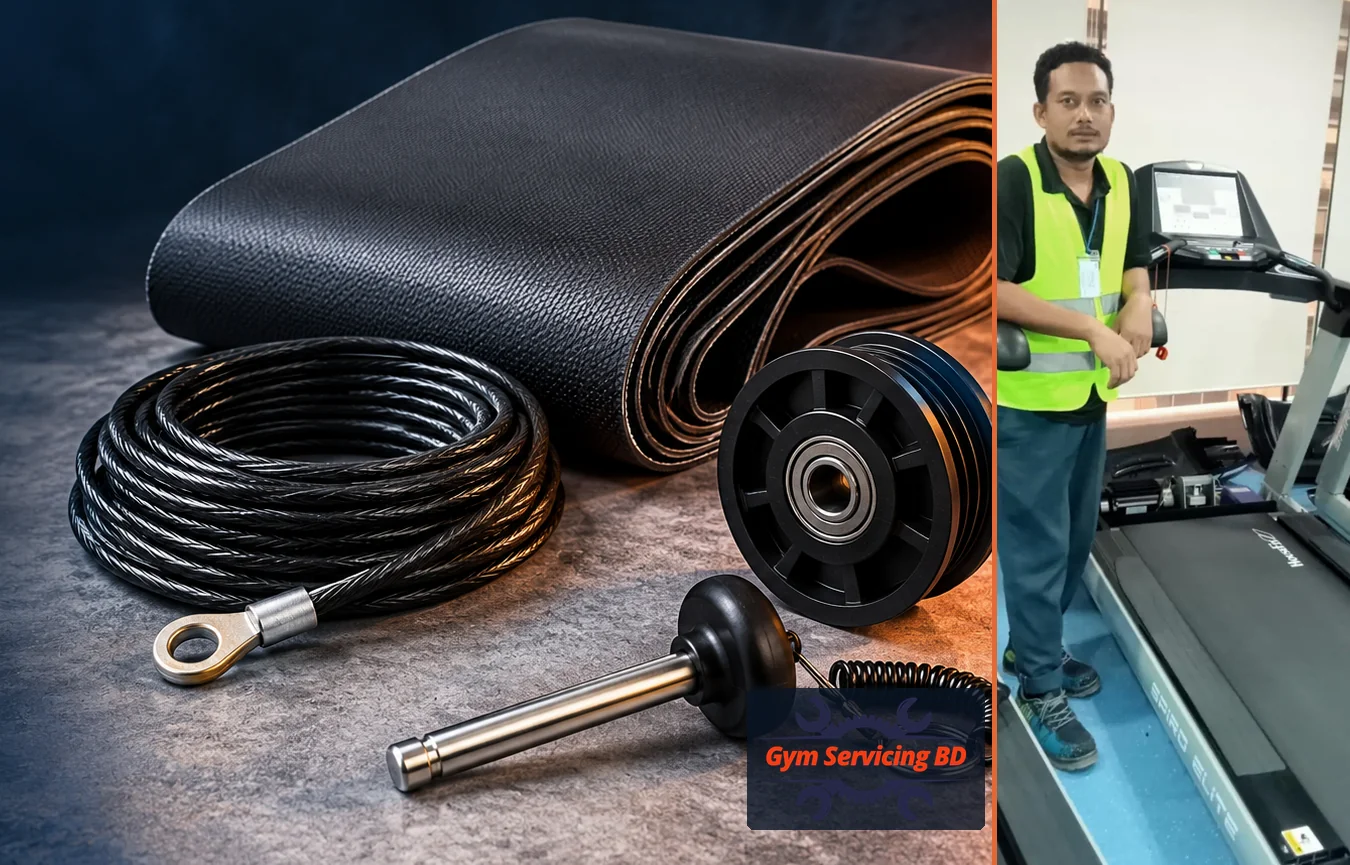 Illustration of a rolled treadmill walking belt and other fitness machine parts beside an actual treadmill reference photograph