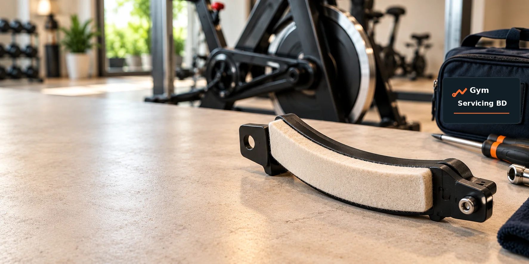 Curved cream felt spin-bike brake pad with a black mounting bracket beside a Gym Servicing BD tool bag and stationary indoor cycle
