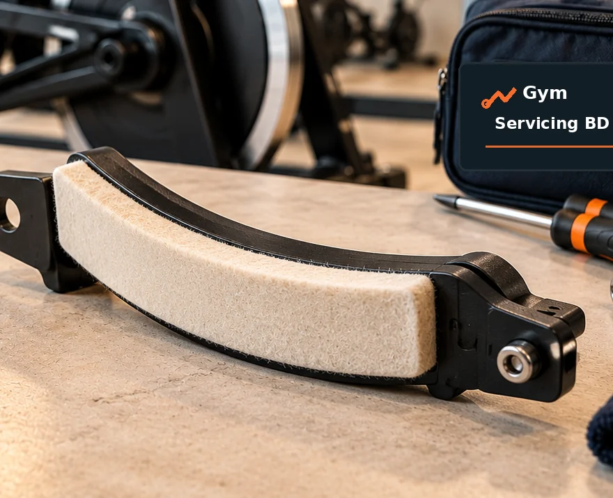 Curved felt brake-pad assembly showing the full arc, backing and attachment ends beside a service tool pouch