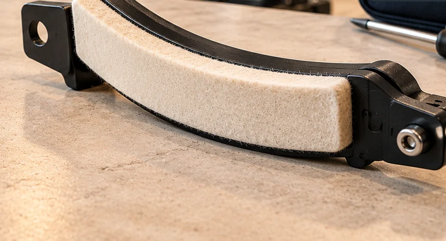 Close view of cream felt friction surface attached to a curved black brake-pad backing bracket