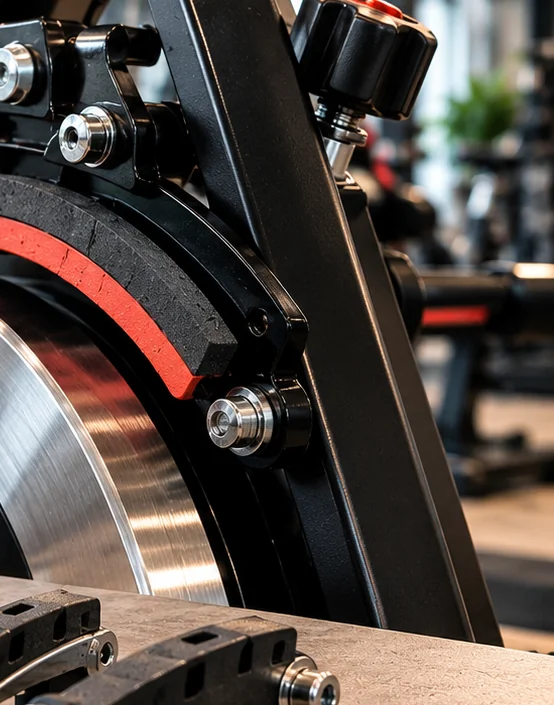 Stationary indoor spin-bike flywheel and resistance adjuster shown close up as an illustration of the brake location
