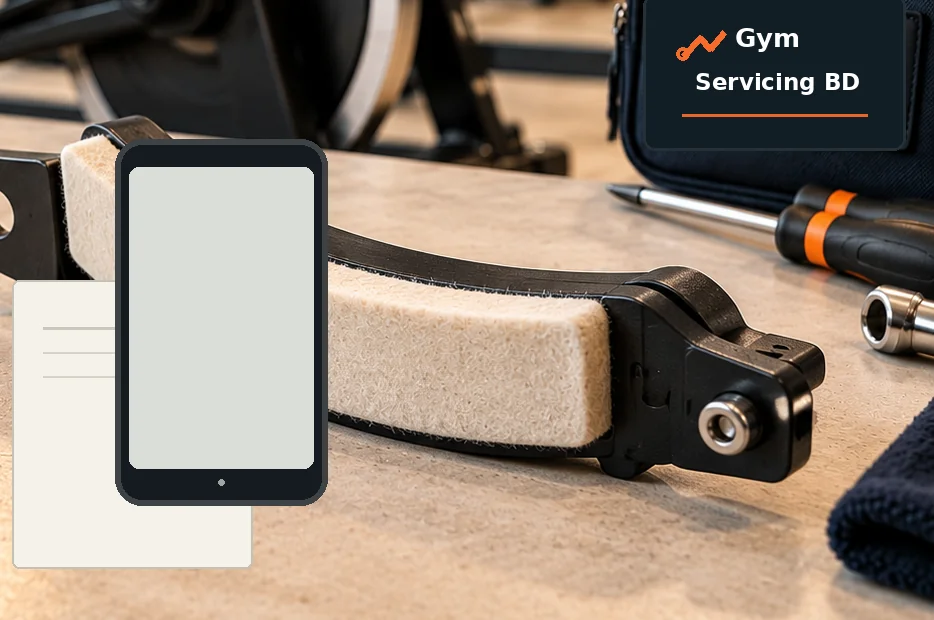 Blank phone and model-reference sheet beside a felt spin-bike brake-pad assembly and a service pouch