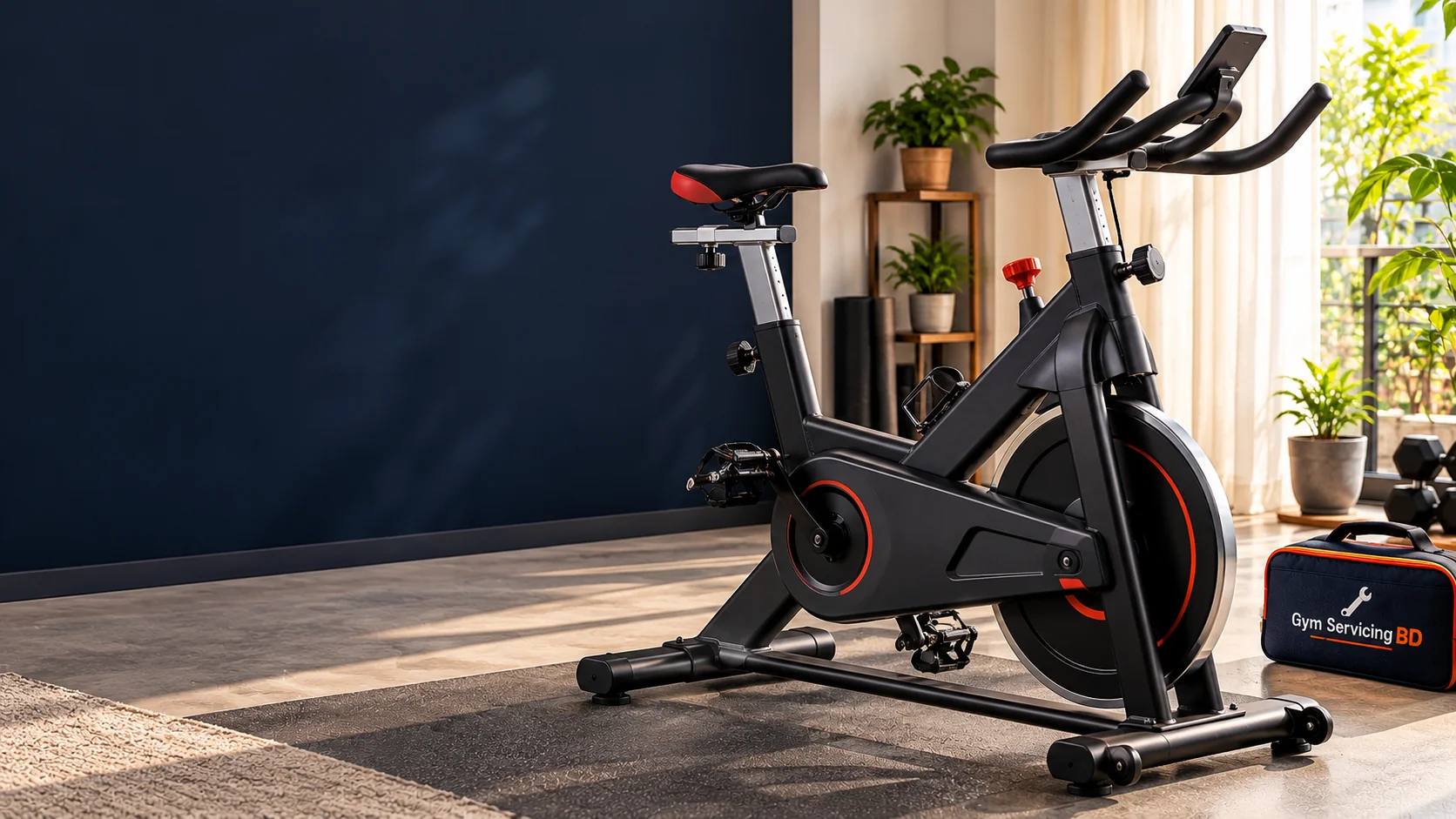 Full unbranded indoor spin bike in an illustrative home gym, with branded tool bag at edge