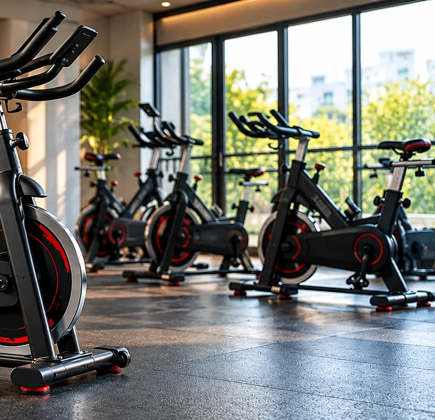 Indoor cycling bikes in an illustrative studio, paired with order-preparation information