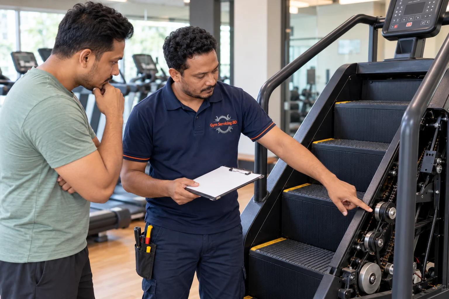 Technician and gym owner discussing the stair climber beside a blank service checklist
