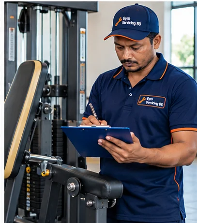 Technician documenting the visible condition of a stationary selectorized strength machine