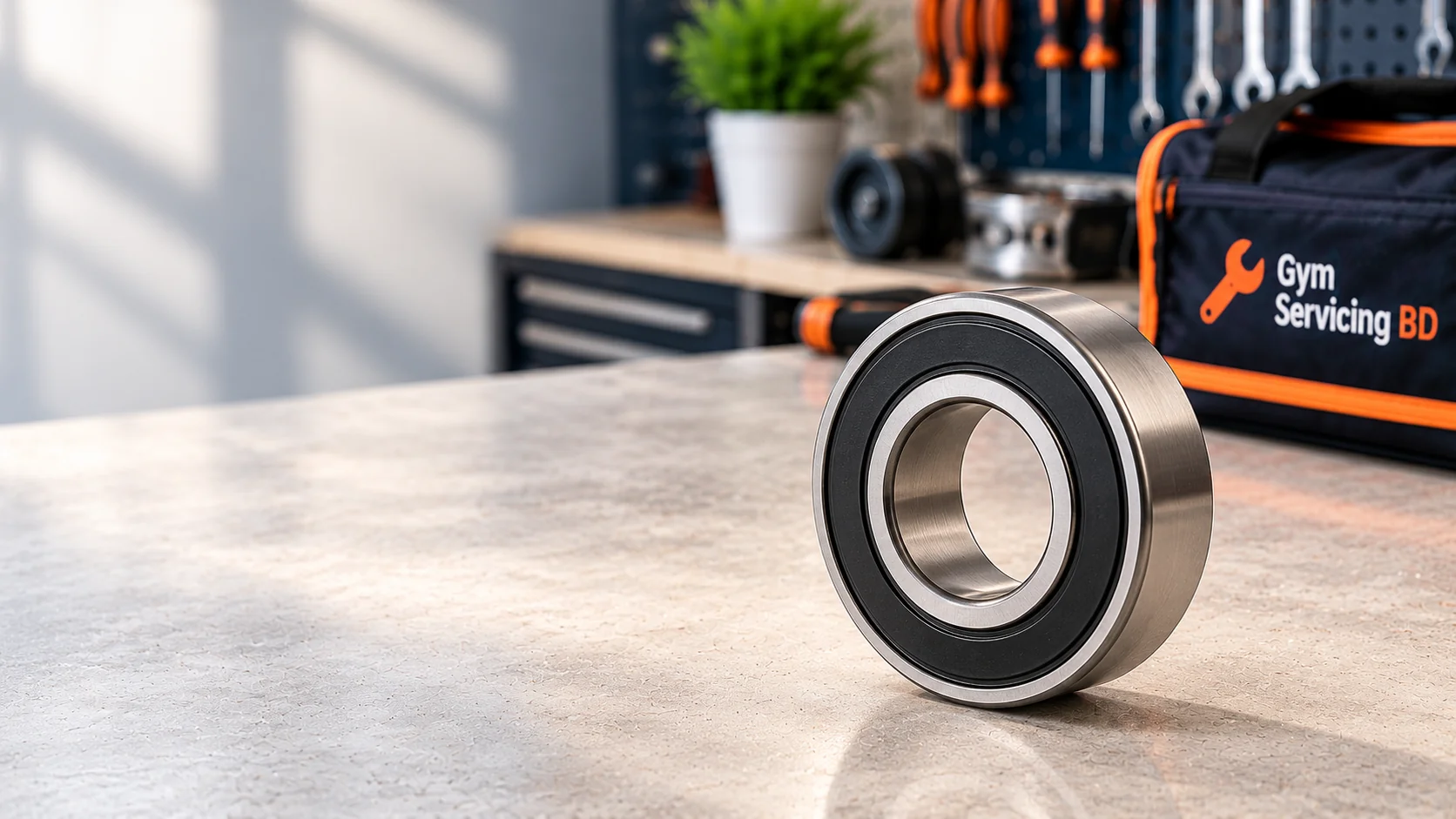 Sealed treadmill roller bearing on a service bench beside a Gym Servicing BD tool bag