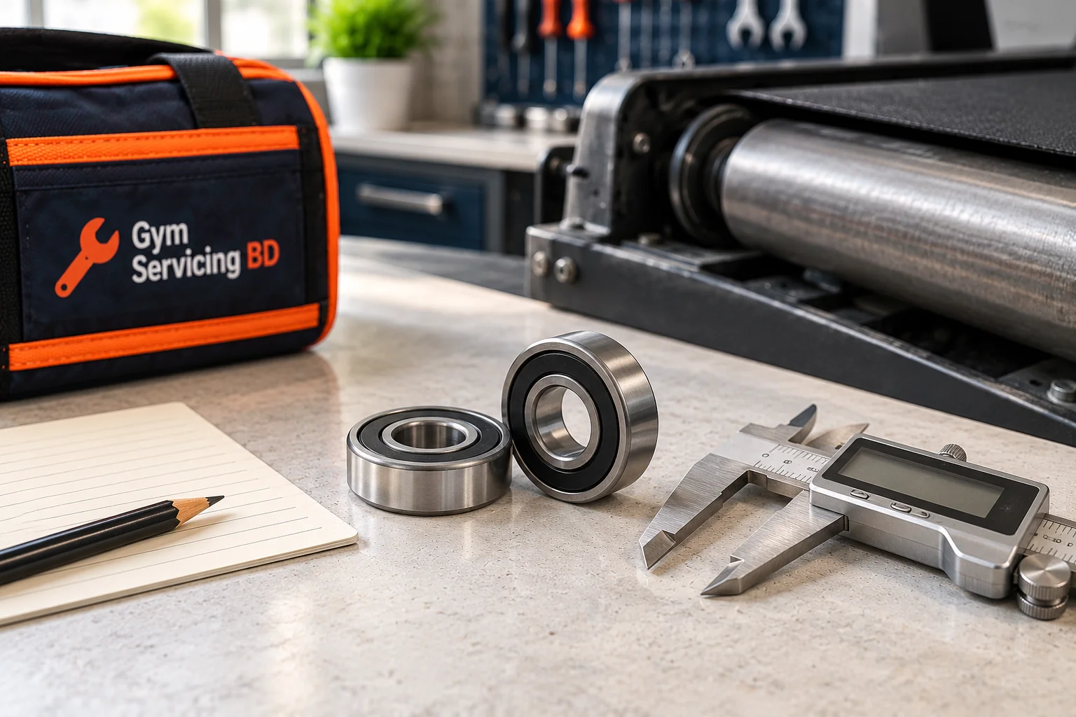 Two sealed treadmill roller bearings beside a digital caliper, blank notes and a Gym Servicing BD tool bag