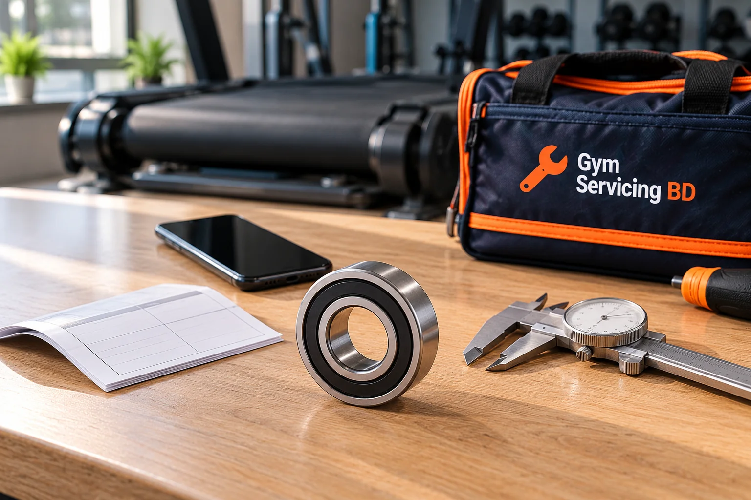 Treadmill bearing, blank phone screen, reference paper and a caliper arranged for a parts enquiry