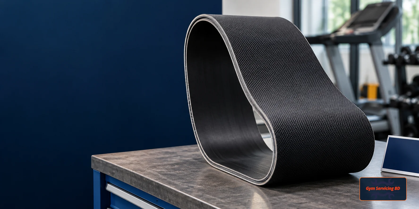 Replacement treadmill walking belt loop displayed on a service workbench