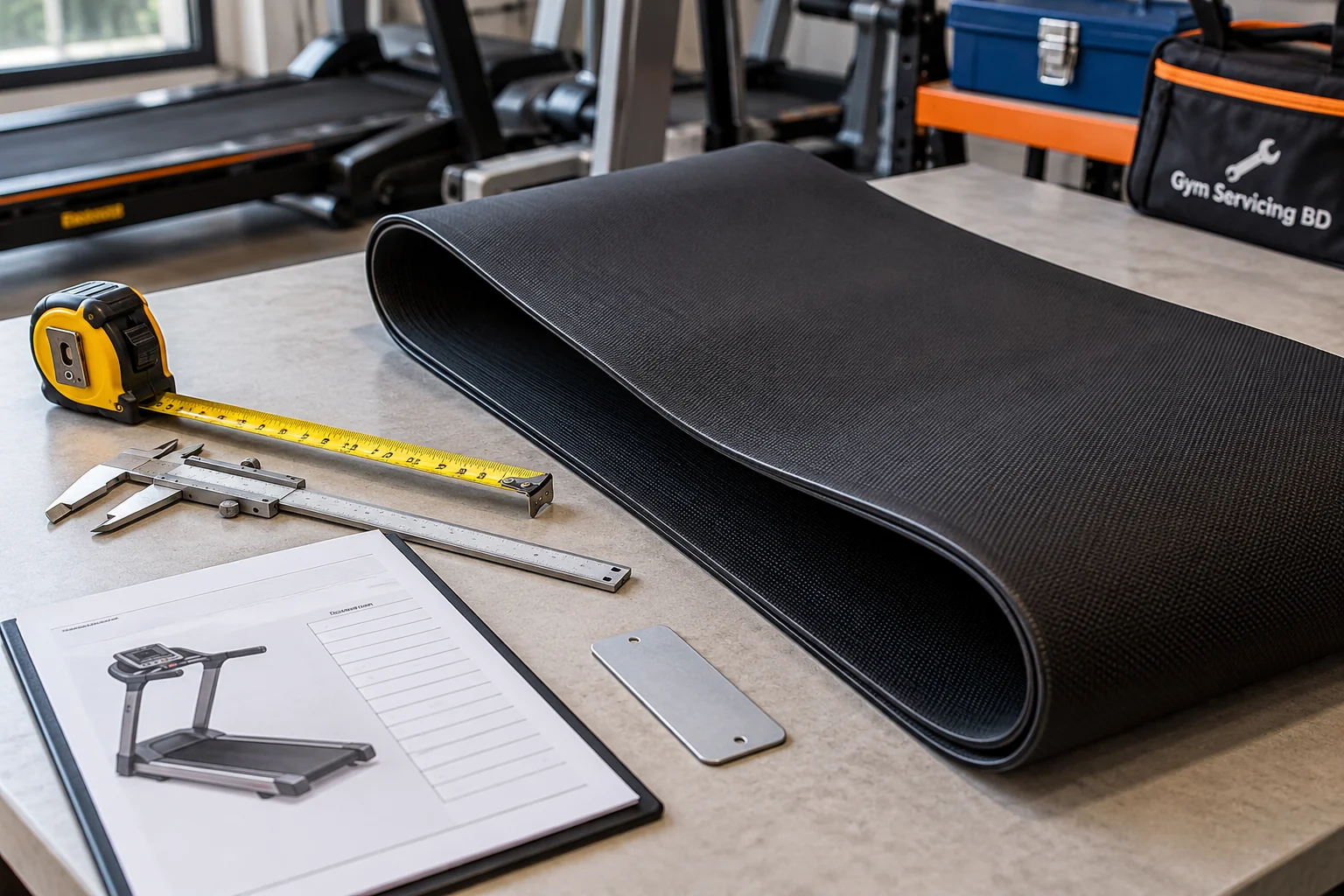 Rolled treadmill belt beside a measuring tape, calipers and blank model reference sheet