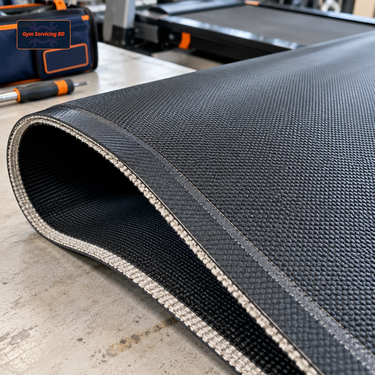 Close view of the tread pattern and layered edge of a black treadmill walking belt