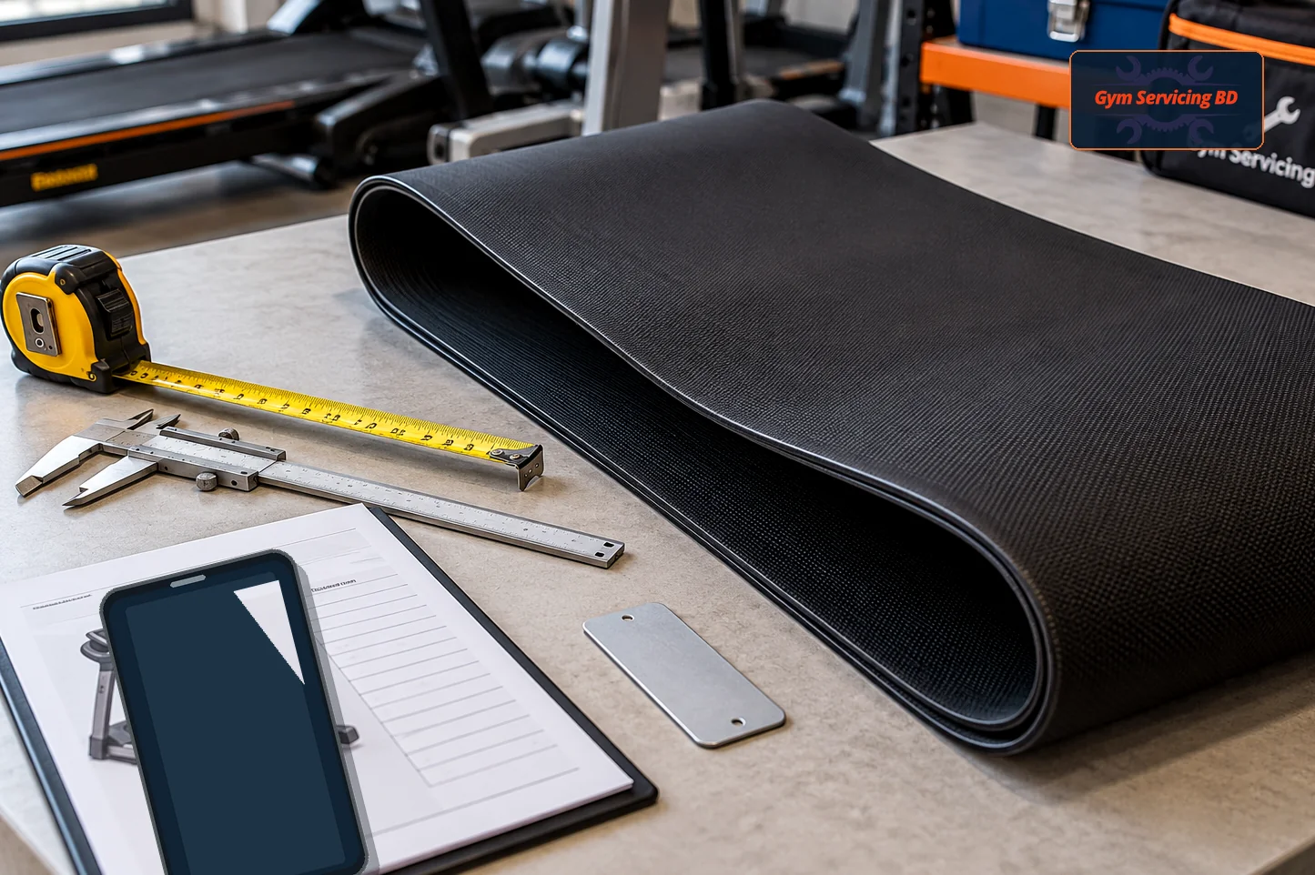 Treadmill running belt, measuring tools and blank-screen phone arranged for a parts enquiry