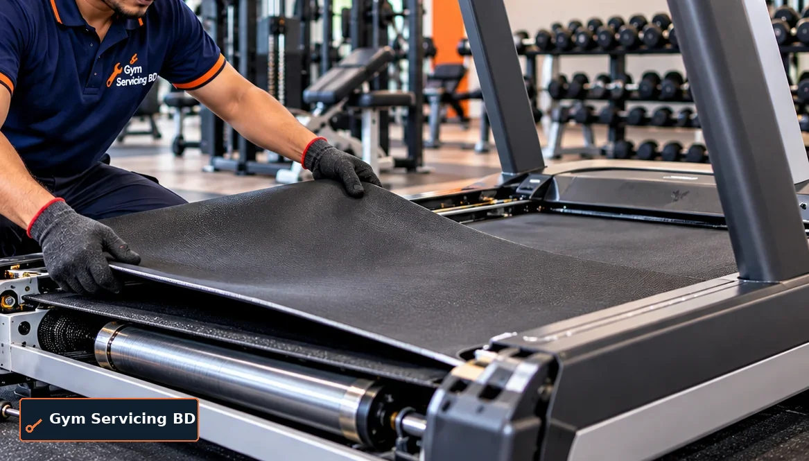 Close view of a treadmill running belt edge and roller during an isolated fitting inspection