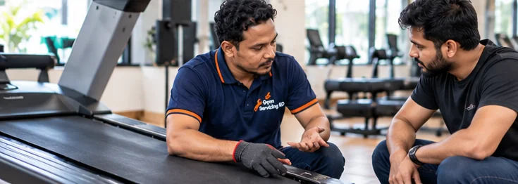 Technician discussing a treadmill running belt fitting with a gym owner