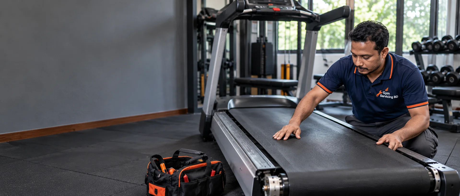 Technician inspecting the walking belt of a stopped treadmill in a gym
