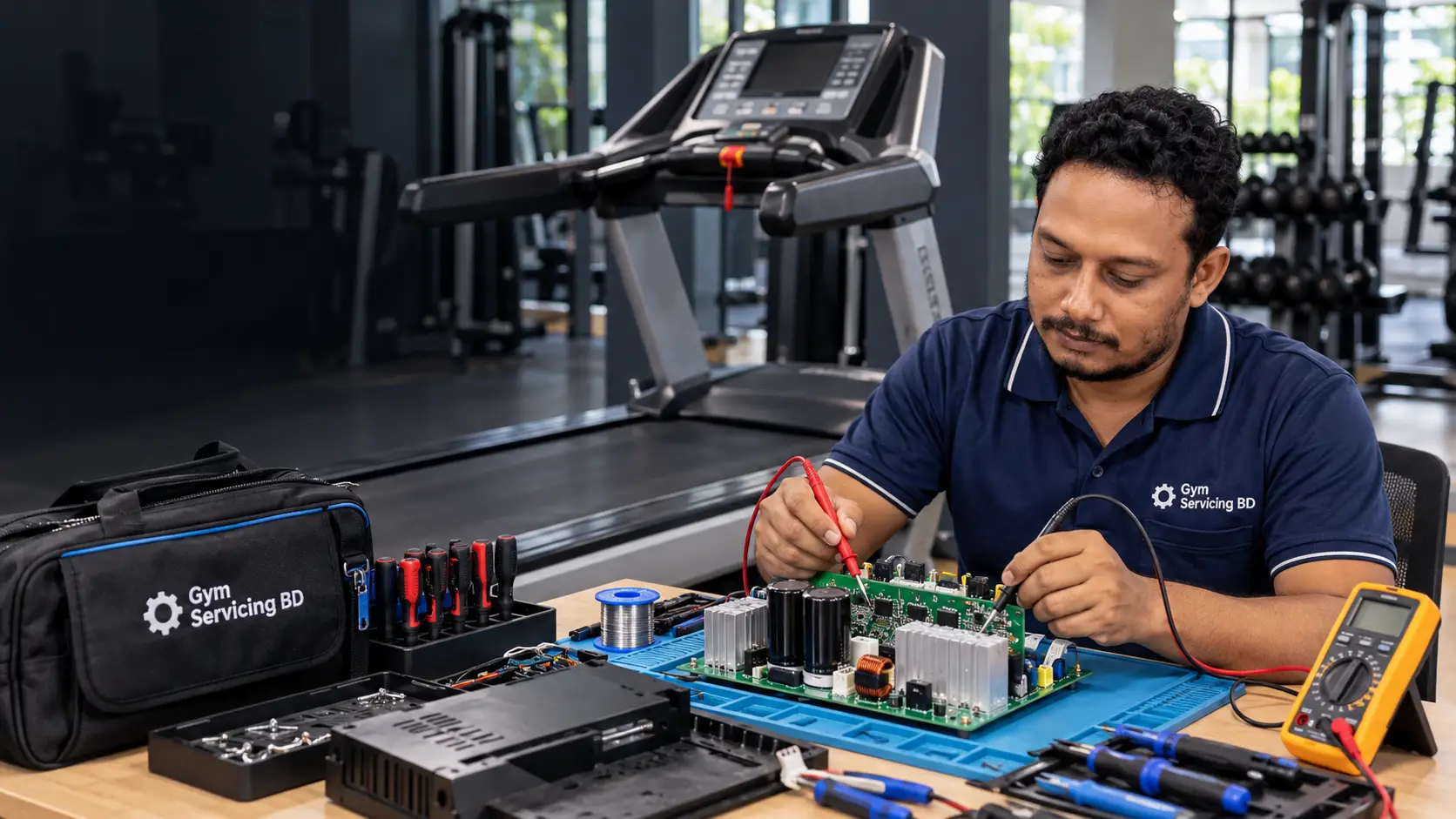 Technician examining a removed treadmill control board on an antistatic work surface