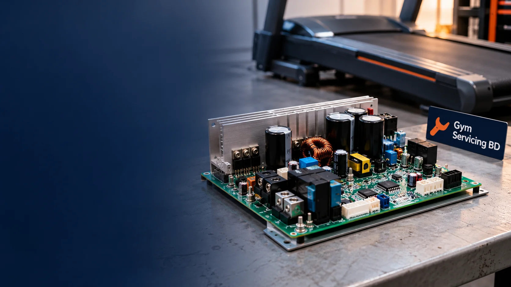 Wide controller board on a neutral workbench with a treadmill behind it and a Gym Servicing BD tag