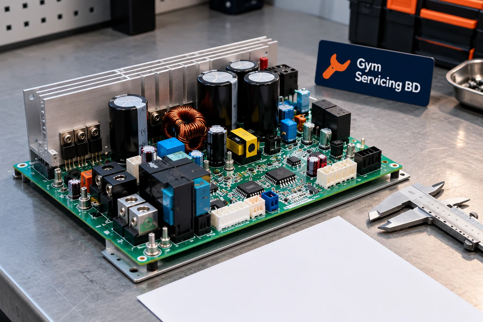 Treadmill controller board beside measuring calipers and a blank model reference sheet