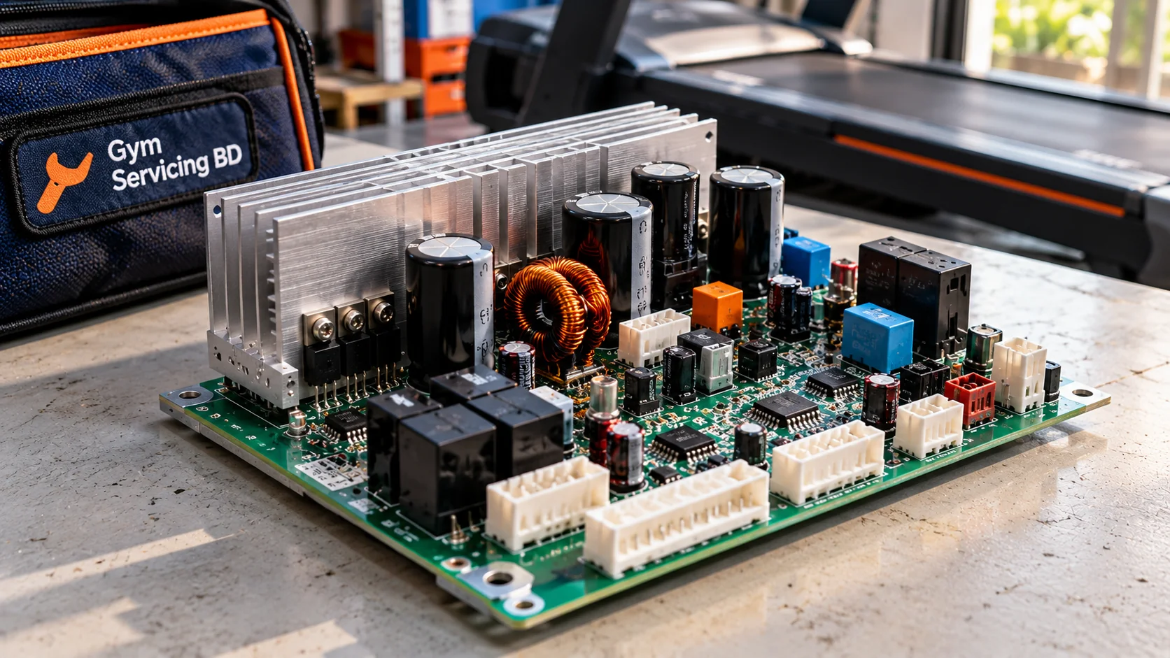 Detailed treadmill controller PCB showing connectors, capacitors, heatsink and mounting holes