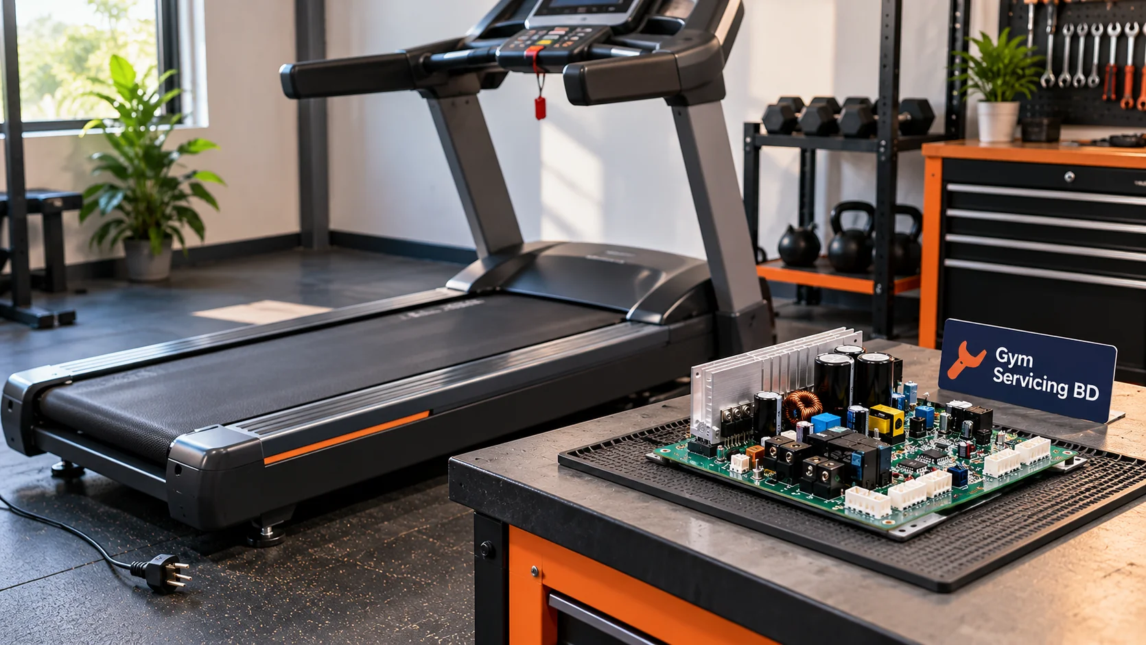 Unplugged treadmill beside a separate controller board on a workshop bench
