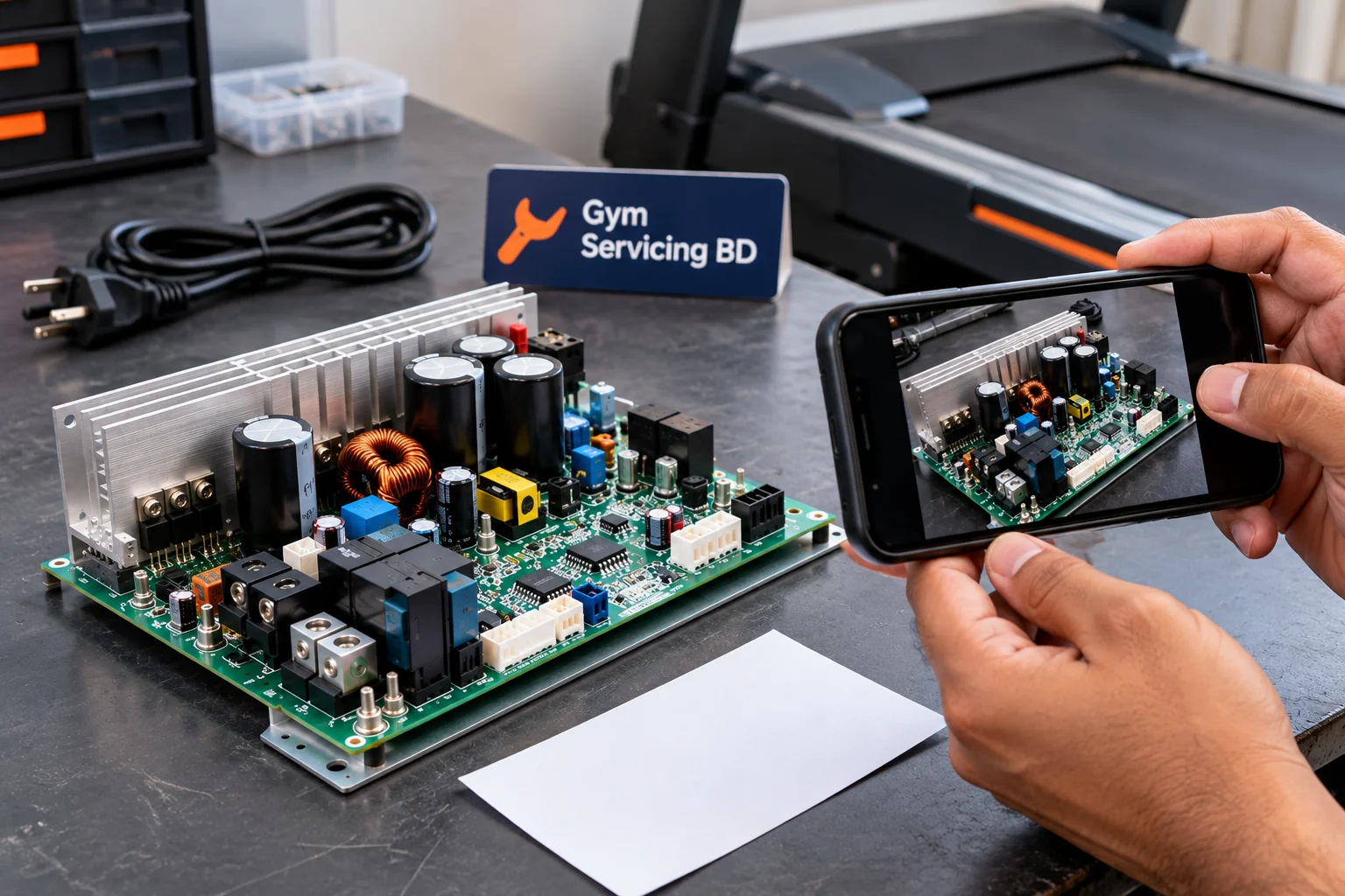 Hands photographing a treadmill controller PCB on a workbench for a spare-part enquiry