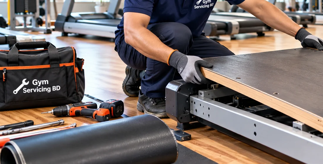 Technician hands holding a treadmill deck with tools and Gym Servicing BD service bag beside the stopped machine