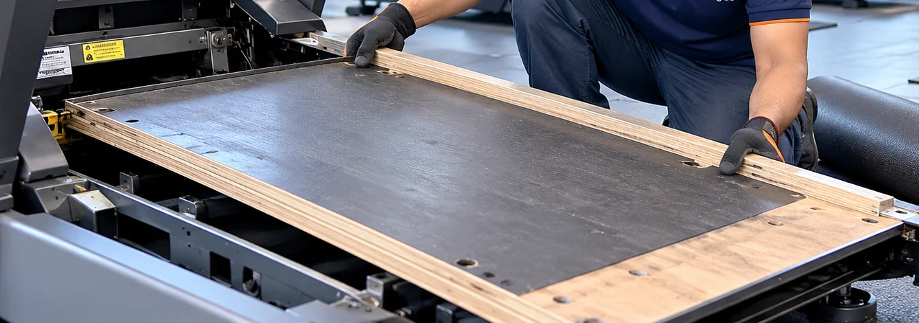 Close view of a treadmill running deck's coated surface, frame and mounting-hole positions during inspection
